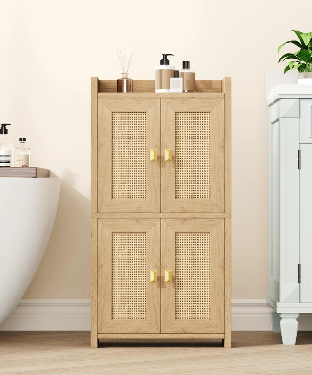 Main image of 15" Rattan Small Bathroom Cabinet 4 Doors Adjustable Shelf Oak
Bathroom Organizer and Storage, Toilet Paper Floor Cabinet for Small Space