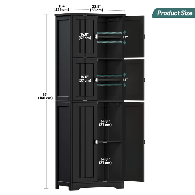 Alt view image 3 of 6 - Bathroom Storage Cabinet, 63" H Linen Floor Cabinet
Pantry Storage Cabinet with 6 Doors and Adjustable Shelves, for Bathroom, Living Room, Laundry Room, Kitchen, Black