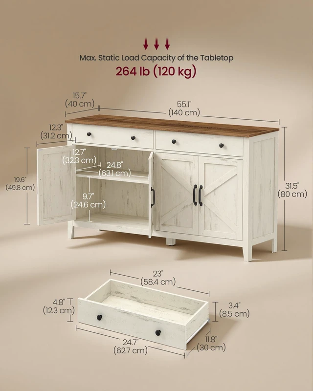 Alt view image 7 of 7 - Farmhouse Buffet Cabinet, Coffee Bar with 2 Drawers
White Sideboard, 55.1 x 15.7 x 31.5 in, Adjustable Shelves, Rustic White and Honey Brown, LIRY Collection, UBBK381W01V1