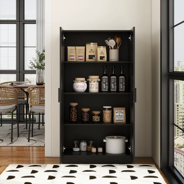 Alt view image 4 of 7 - Storage Cabinet, Collection Food Pantry Narrow Cabinet Free Standing with 2 Doors and 3 Shelves Tool Cabinet, for Kitchens, Living Room, Utility Rooms (Black)