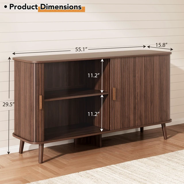 Alt view image 2 of 7 - 55" Fluted Sideboard Buffet Cabinet with Sliding Door, Mid-Century Modern Wood Sideboard, Adjustable Shelf, Coffee Bar Cabinet with Storage for Kitchen, Walnut