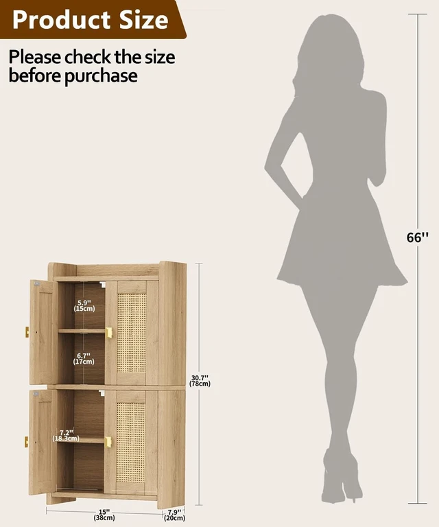 Alt view image 2 of 7 - 15" Rattan Small Bathroom Cabinet 4 Doors Adjustable Shelf Oak
Bathroom Organizer and Storage, Toilet Paper Floor Cabinet for Small Space