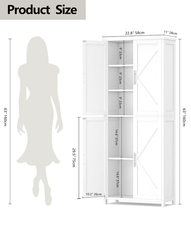 Alt view image 2 of 7 - 63''H Tall Farmhouse Bathroom Storage Cabinet with 4 Doors White
Floor Storage Cabinet with Barn Doors, Adjustable Shelf, Pantry Cabinet for Kitchen, Laundry Room, Living Room, Entryway