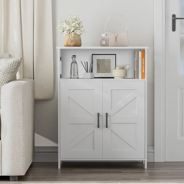 Alt view image 6 of 6 - Farmhouse Bathroom Storage Cabinet with Doors, Small Floor Cabinet
Toilet Paper Cabinet with Adjustable Shelf, Freestanding Storage Cabinet for Kitchen/Laundry/Living Room, 24"W, White
