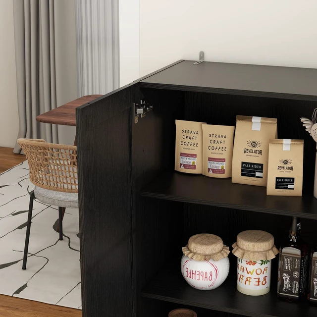 Alt view image 5 of 7 - Storage Cabinet, Collection Food Pantry Narrow Cabinet Free Standing with 2 Doors and 3 Shelves Tool Cabinet, for Kitchens, Living Room, Utility Rooms (Black)