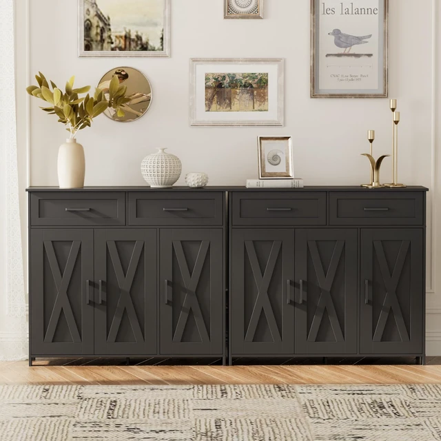 Alt view image 7 of 7 - Coffee Bar Storage Cabinet with Drawers, Kitchen Buffet Cabinet
Sideboard Cabinet with Doors, Farmhouse Buffet Cabinet, Adjustable Shelves, for Kitchen / Dining / Living Room, Black