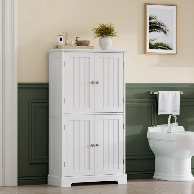 Alt view image 3 of 7 - Bathroom Floor Cabinet with Adjustable Shelves
Bathroom Storage Cabinet, 4 Doors, Freestanding Cupboard for Living Room, White