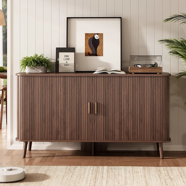 Alt view image 3 of 7 - 55" Fluted Sideboard Buffet Cabinet with Sliding Door, Mid-Century Modern Wood Sideboard, Adjustable Shelf, Coffee Bar Cabinet with Storage for Kitchen, Walnut