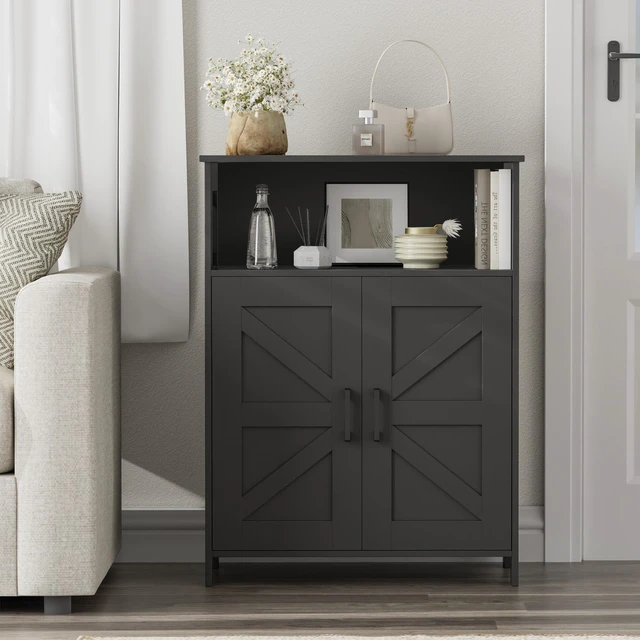 Alt view image 6 of 7 - Farmhouse Bathroom Storage Cabinet with Doors, Small Floor Cabinet
Toilet Paper Cabinet with Adjustable Shelf, Freestanding Storage Cabinet for Kitchen/Laundry/Living Room, 24"W, Black
