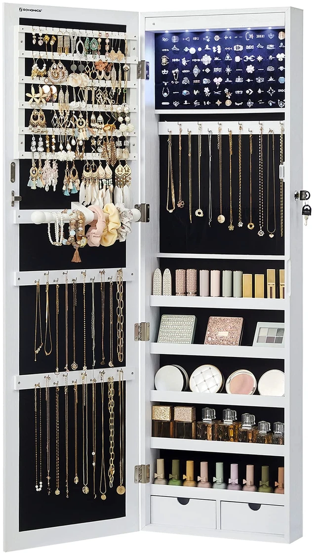 Main image of 6 LEDs Mirror Jewelry Cabinet, 47.2-Inch Tall Lockable Wall or Door Mounted Jewelry Armoire Organizer with Mirror, 2 Drawers, 3.9 x 14.6 x 47.2 Inches, White UJJC93W
