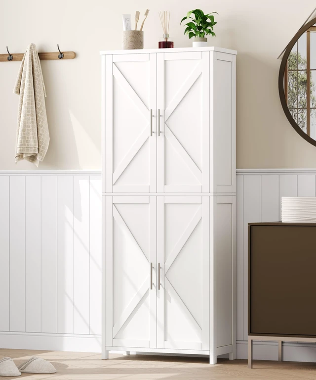 Alt view image 3 of 7 - 63''H Tall Farmhouse Bathroom Storage Cabinet with 4 Doors White
Floor Storage Cabinet with Barn Doors, Adjustable Shelf, Pantry Cabinet for Kitchen, Laundry Room, Living Room, Entryway