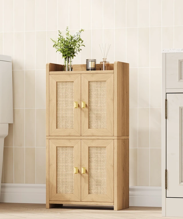 Alt view image 3 of 7 - 15" Rattan Small Bathroom Cabinet 4 Doors Adjustable Shelf Oak
Bathroom Organizer and Storage, Toilet Paper Floor Cabinet for Small Space