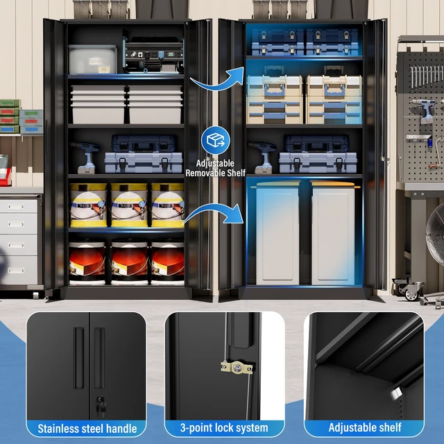 Alt view image 4 of 7 - Metal Cabinet, 72" Black Locking Metal Storage Cabinet with 2 Doors and 4 Adjustable Shelves, Lockable Garage Storage Cabinets for Home Office, Garage, Kitchen, Living Room