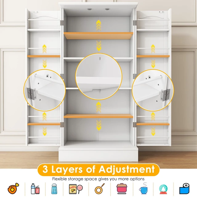 Alt view image 5 of 7 - 47 Pantry Cabinet, Kitchen Pantry Storage Cabinet with Doors and Adjustable Shelves,Freestanding Buffet Cupboards Sideboard for Living Room and Dinning Room (White)
