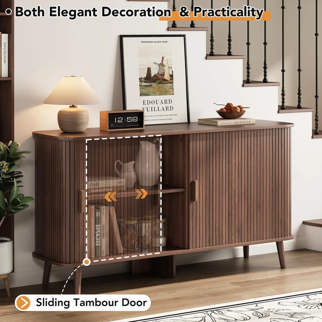Alt view image 4 of 7 - 55" Fluted Sideboard Buffet Cabinet with Sliding Door, Mid-Century Modern Wood Sideboard, Adjustable Shelf, Coffee Bar Cabinet with Storage for Kitchen, Walnut