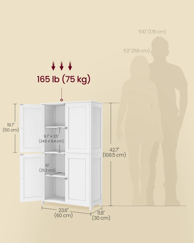Alt view image 5 of 7 - Floor Storage Cabinet, 2 Adjustable Shelves, 4 Doors,42.7" H
Freestanding Organizer Unit, Kitchen, Bathroom, Living Room, Cloud White, SIREN Collection UBBC553WH01