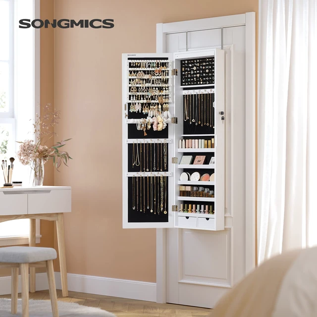 Alt view image 2 of 7 - 6 LEDs Mirror Jewelry Cabinet, 47.2-Inch Tall Lockable Wall or Door Mounted Jewelry Armoire Organizer with Mirror, 2 Drawers, 3.9 x 14.6 x 47.2 Inches, White UJJC93W