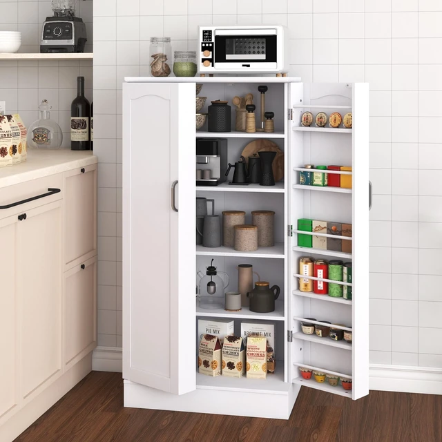 Alt view image 6 of 7 - 47 Pantry Cabinet, Kitchen Pantry Storage Cabinet with Doors and Adjustable Shelves,Freestanding Buffet Cupboards Sideboard for Living Room and Dinning Room (White)