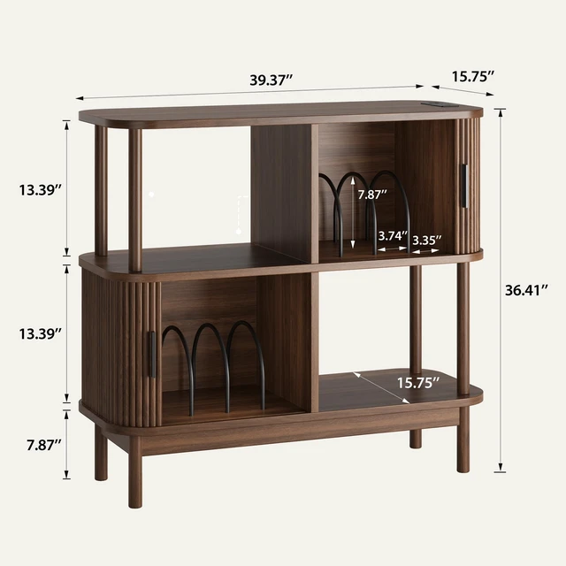 Alt view image 2 of 7 - 40" Large Record Player Stand with Charging Station, Mid Century Modern Turntable Cabinet with Sliding Doors, Wood Vinyl Record Storage Stand for Living Room Music Corner