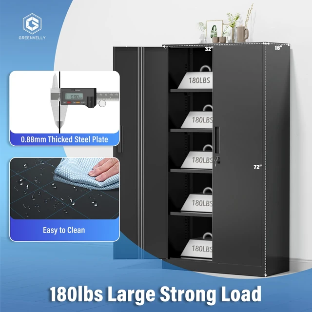 Alt view image 5 of 7 - Metal Cabinet, 72" Black Locking Metal Storage Cabinet with 2 Doors and 4 Adjustable Shelves, Lockable Garage Storage Cabinets for Home Office, Garage, Kitchen, Living Room
