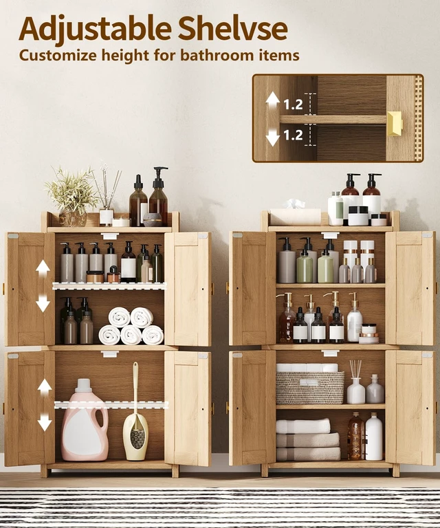 Alt view image 4 of 7 - 15" Rattan Small Bathroom Cabinet 4 Doors Adjustable Shelf Oak
Bathroom Organizer and Storage, Toilet Paper Floor Cabinet for Small Space