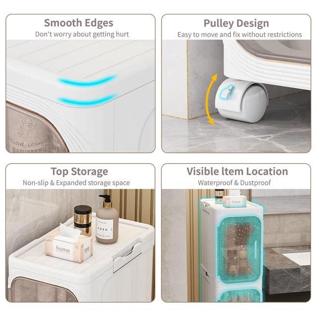 Alt view image 3 of 7 - 4 Tier Slim Bathroom Storage Cabinet, Foldable and Movable, White
Tools Free, ABS and PET, Magnetic Clear Door, Adjustable Shelves, Lockable Wheels, Water Resistant, For Narrow Space