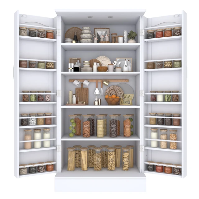 Alt view image 7 of 7 - 47 Pantry Cabinet, Kitchen Pantry Storage Cabinet with Doors and Adjustable Shelves,Freestanding Buffet Cupboards Sideboard for Living Room and Dinning Room (White)