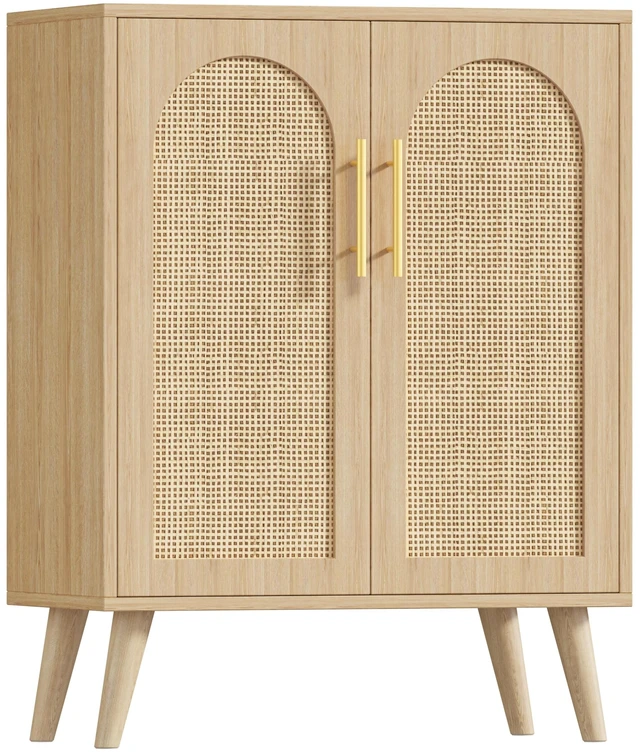Main image of Rattan Storage Cabinet with 2 Doors & Adjustable Shelf, Natural
Wooden Buffet Sideboard Cabinet with Solid Wood Leg, Boho Floor Cabinet, Accent Coffee Bar for Kitchen, Living Room, Entryway