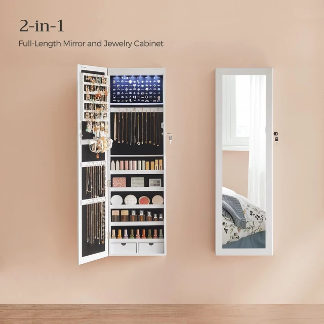 Alt view image 3 of 7 - 6 LEDs Mirror Jewelry Cabinet, 47.2-Inch Tall Lockable Wall or Door Mounted Jewelry Armoire Organizer with Mirror, 2 Drawers, 3.9 x 14.6 x 47.2 Inches, White UJJC93W