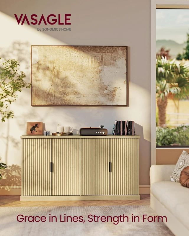Alt view image 2 of 7 - Contemporary Buffet Cabinet with Adjustable Shelves, Fluted Doors
Console Cabinet, Sideboard, Buffet Table, Kitchen Pantry, Oak Beige, MAXE Collection UBBK382Y01S
