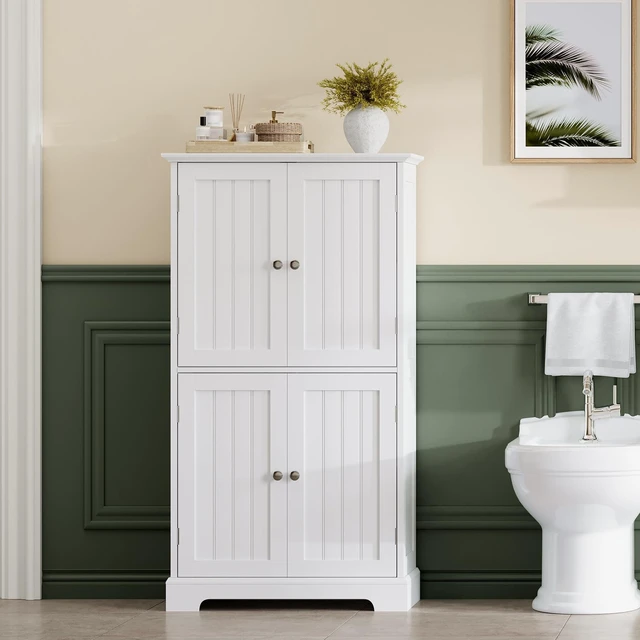 Alt view image 4 of 7 - Bathroom Floor Cabinet with Adjustable Shelves
Bathroom Storage Cabinet, 4 Doors, Freestanding Cupboard for Living Room, White