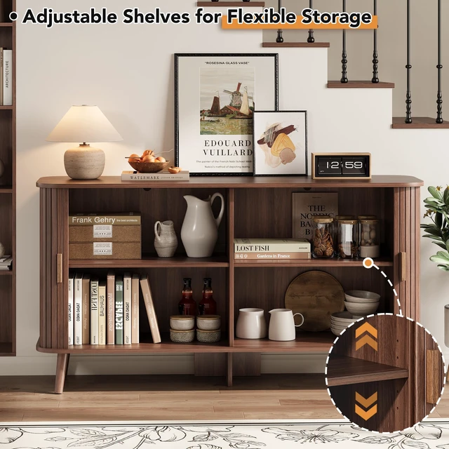 Alt view image 5 of 7 - 55" Fluted Sideboard Buffet Cabinet with Sliding Door, Mid-Century Modern Wood Sideboard, Adjustable Shelf, Coffee Bar Cabinet with Storage for Kitchen, Walnut