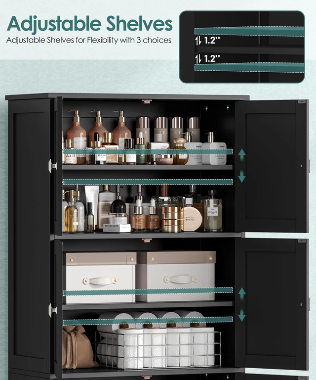 Alt view image 4 of 6 - Bathroom Storage Cabinet, 63" H Linen Floor Cabinet
Pantry Storage Cabinet with 6 Doors and Adjustable Shelves, for Bathroom, Living Room, Laundry Room, Kitchen, Black
