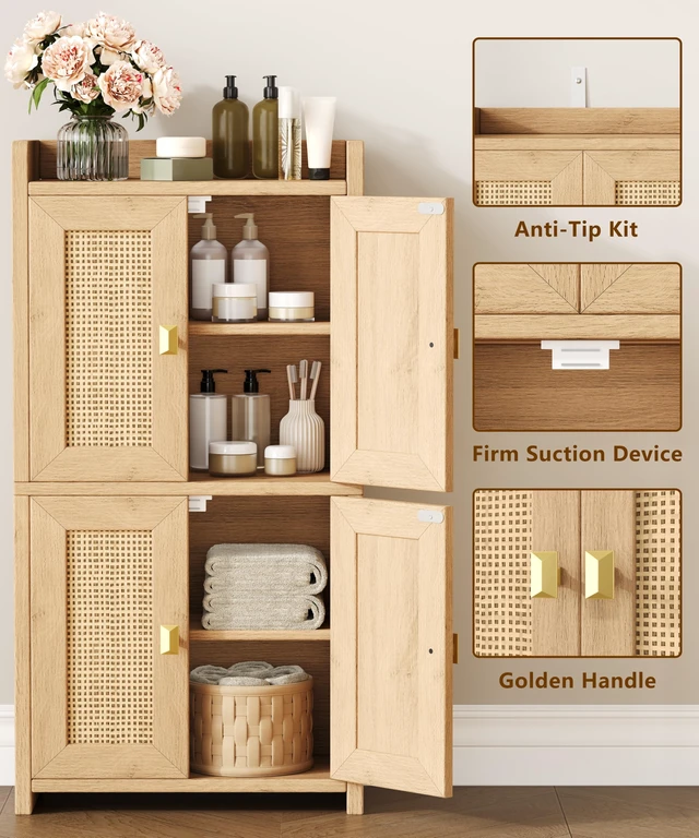 Alt view image 5 of 7 - 15" Rattan Small Bathroom Cabinet 4 Doors Adjustable Shelf Oak
Bathroom Organizer and Storage, Toilet Paper Floor Cabinet for Small Space