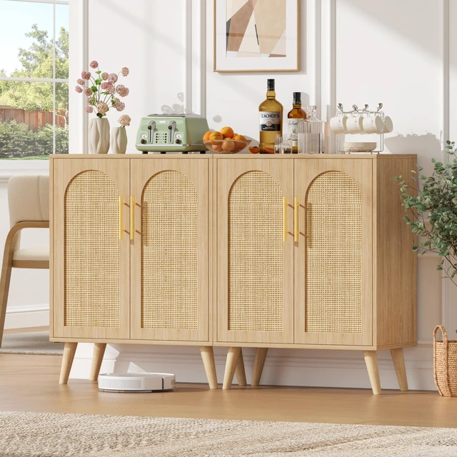 Alt view image 2 of 6 - Rattan Storage Cabinet with 2 Doors & Adjustable Shelf, Natural
Wooden Buffet Sideboard Cabinet with Solid Wood Leg, Boho Floor Cabinet, Accent Coffee Bar for Kitchen, Living Room, Entryway