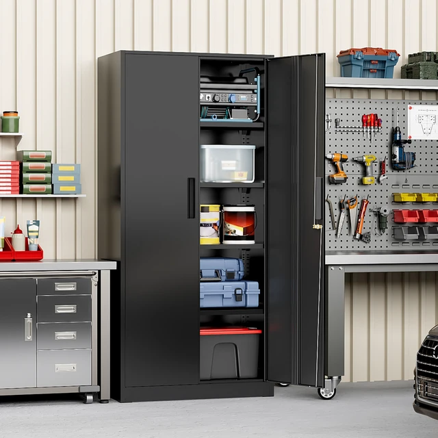 Alt view image 6 of 7 - Metal Cabinet, 72" Black Locking Metal Storage Cabinet with 2 Doors and 4 Adjustable Shelves, Lockable Garage Storage Cabinets for Home Office, Garage, Kitchen, Living Room