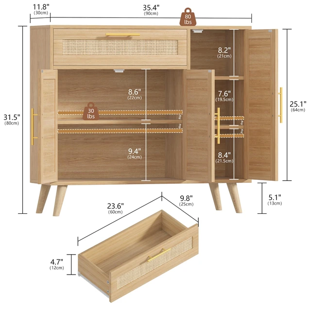 Alt view image 5 of 7 - Kitchen Buffet Cabinet with 3 Doors, Rattan Storage Cabinet
Coffee Bar Cabinet with Adjustable Shelves & Drawer, Sideboard Cabinet with Solid Wood Legs for Living Room, Natural Oak