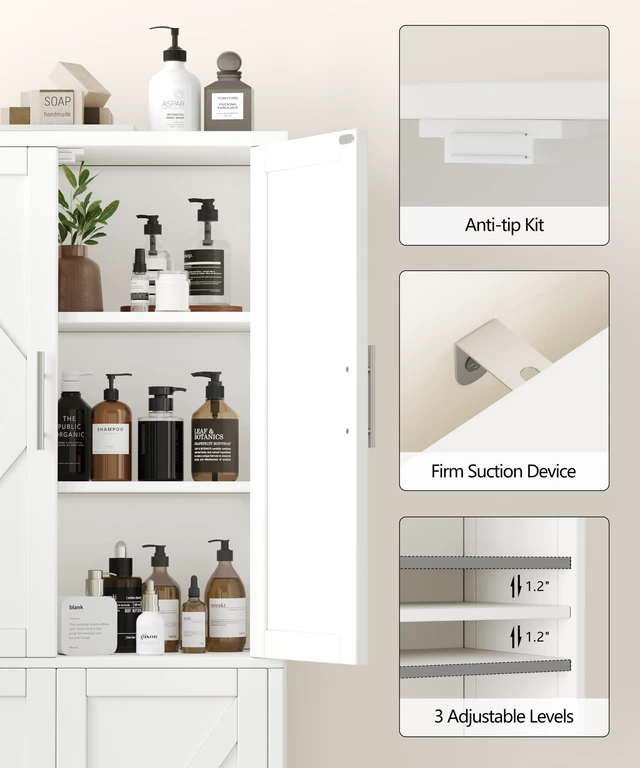 Alt view image 5 of 7 - 63''H Tall Farmhouse Bathroom Storage Cabinet with 4 Doors White
Floor Storage Cabinet with Barn Doors, Adjustable Shelf, Pantry Cabinet for Kitchen, Laundry Room, Living Room, Entryway