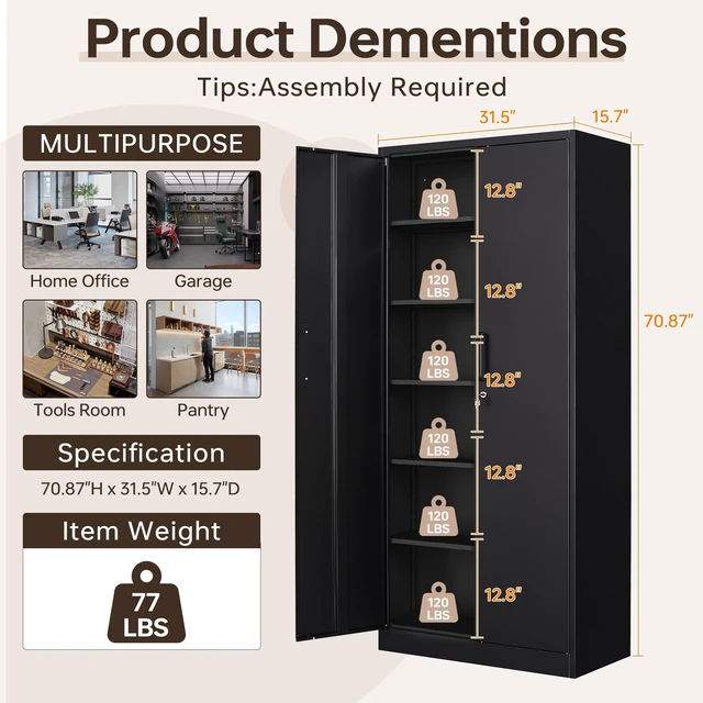 Alt view image 2 of 7 - Storage Cabinet, 71" Tall Storage Cabinets with 2 Doors and 5 Adjustable Shelves, Steel Utility Tool Caninet, Black Locking Caninets, Lockable File Cabnet for Home/Office/School