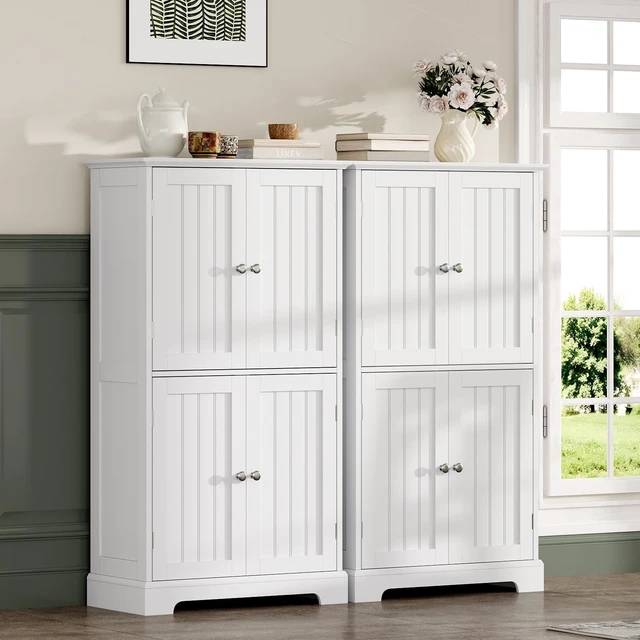 Alt view image 5 of 7 - Bathroom Floor Cabinet with Adjustable Shelves
Bathroom Storage Cabinet, 4 Doors, Freestanding Cupboard for Living Room, White