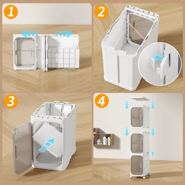 Alt view image 4 of 7 - 4 Tier Slim Bathroom Storage Cabinet, Foldable and Movable, White
Tools Free, ABS and PET, Magnetic Clear Door, Adjustable Shelves, Lockable Wheels, Water Resistant, For Narrow Space