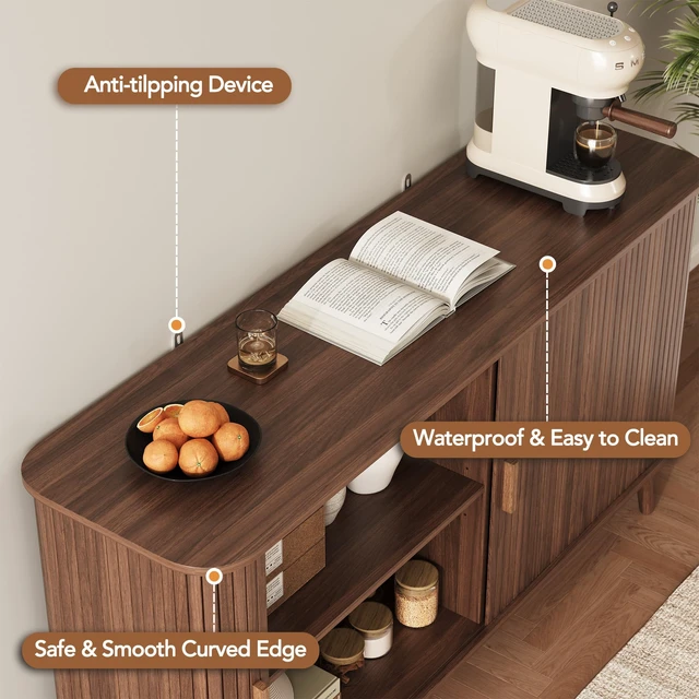 Alt view image 6 of 7 - 55" Fluted Sideboard Buffet Cabinet with Sliding Door, Mid-Century Modern Wood Sideboard, Adjustable Shelf, Coffee Bar Cabinet with Storage for Kitchen, Walnut