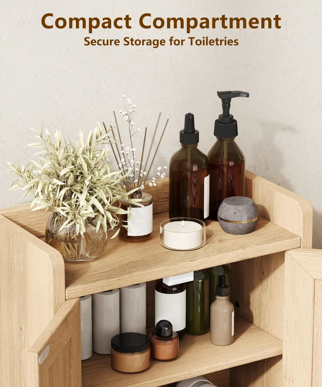 Alt view image 6 of 7 - 15" Rattan Small Bathroom Cabinet 4 Doors Adjustable Shelf Oak
Bathroom Organizer and Storage, Toilet Paper Floor Cabinet for Small Space