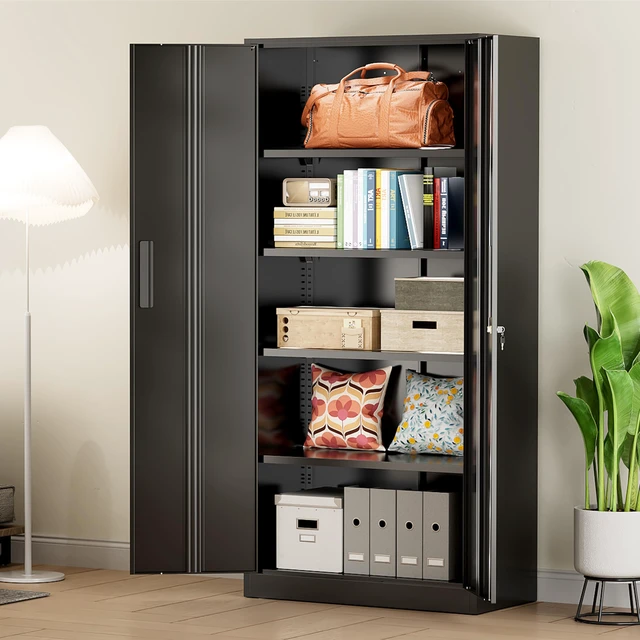 Alt view image 7 of 7 - Metal Cabinet, 72" Black Locking Metal Storage Cabinet with 2 Doors and 4 Adjustable Shelves, Lockable Garage Storage Cabinets for Home Office, Garage, Kitchen, Living Room