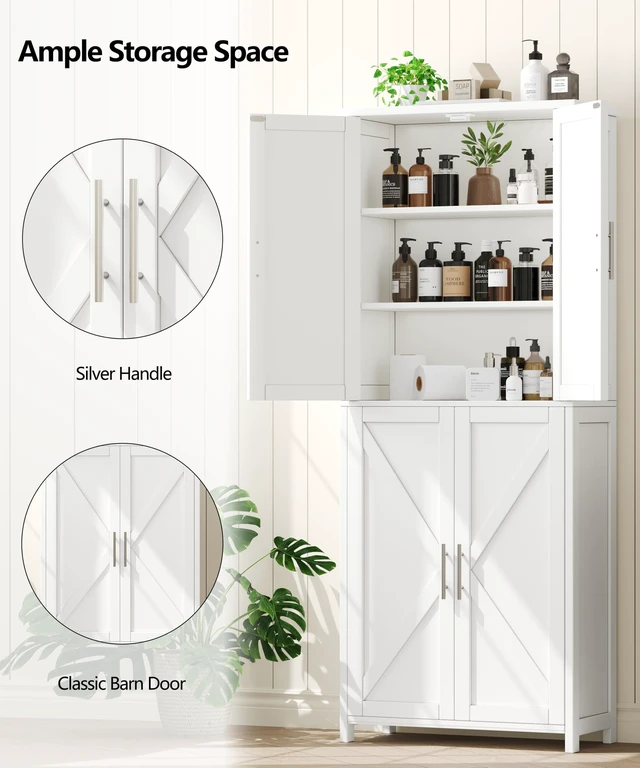 Alt view image 6 of 7 - 63''H Tall Farmhouse Bathroom Storage Cabinet with 4 Doors White
Floor Storage Cabinet with Barn Doors, Adjustable Shelf, Pantry Cabinet for Kitchen, Laundry Room, Living Room, Entryway