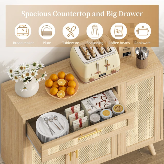 Alt view image 6 of 7 - Kitchen Buffet Cabinet with 3 Doors, Rattan Storage Cabinet
Coffee Bar Cabinet with Adjustable Shelves & Drawer, Sideboard Cabinet with Solid Wood Legs for Living Room, Natural Oak
