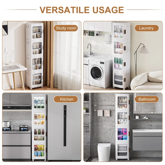 Alt view image 6 of 6 - 4-Tier Narrow Storage Cabinet with Wheels, White
Bathroom Organizers and Storage, Adjustable Shelves, Anti-Tip, Slim, for Bathroom Kitchen Laundry and Small Spaces