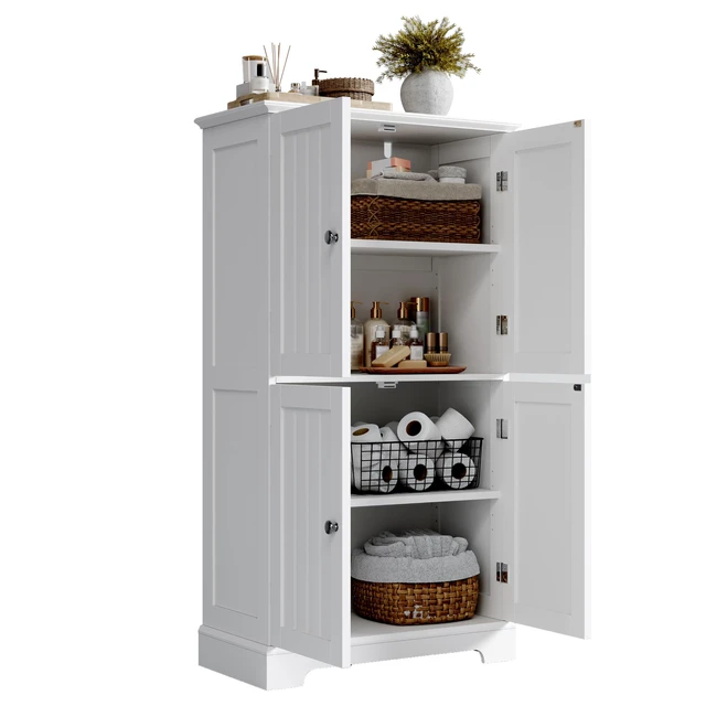 Alt view image 6 of 7 - Bathroom Floor Cabinet with Adjustable Shelves
Bathroom Storage Cabinet, 4 Doors, Freestanding Cupboard for Living Room, White
