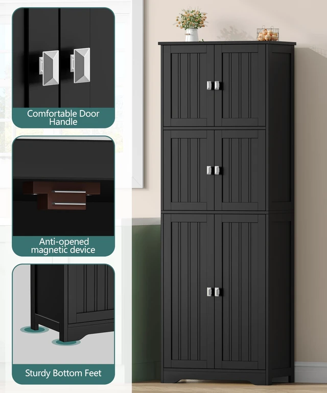 Alt view image 5 of 6 - Bathroom Storage Cabinet, 63" H Linen Floor Cabinet
Pantry Storage Cabinet with 6 Doors and Adjustable Shelves, for Bathroom, Living Room, Laundry Room, Kitchen, Black