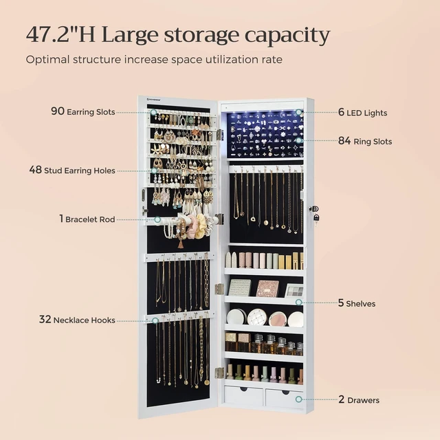 Alt view image 4 of 7 - 6 LEDs Mirror Jewelry Cabinet, 47.2-Inch Tall Lockable Wall or Door Mounted Jewelry Armoire Organizer with Mirror, 2 Drawers, 3.9 x 14.6 x 47.2 Inches, White UJJC93W